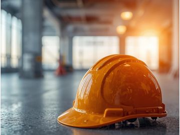 Orange construction helmet on a shiny concrete floor in an industrial setting.