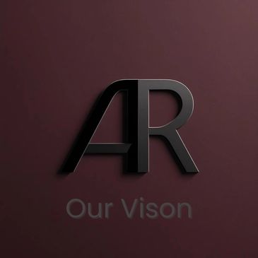 Sleek black AR logo on a dark maroon background with text 'Our Vison' below.