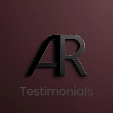 Sleek black AR logo with 'Testimonials' on a dark maroon background.