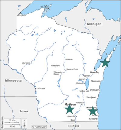A map of Wisconsin with a star on Milwaukee, Door County, and Madison.