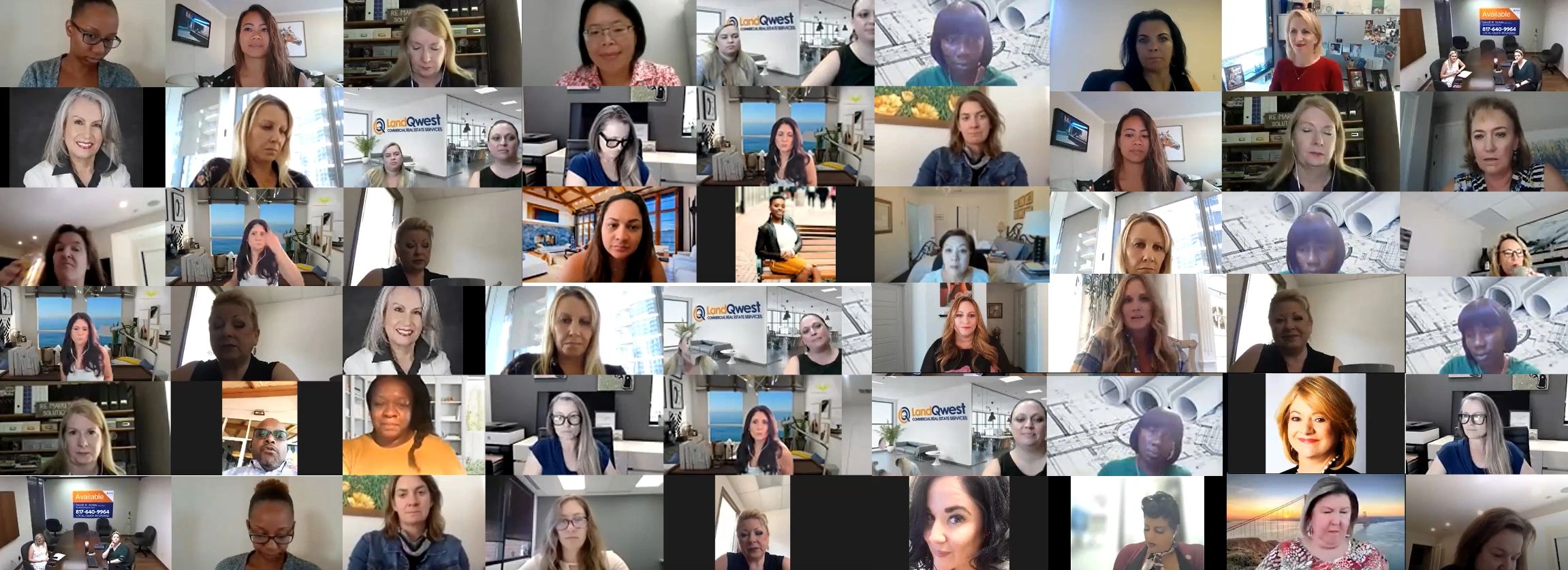 Large virtual meeting with diverse participants in various settings.