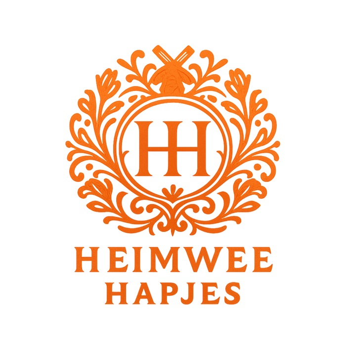 Orange ornate logo with initials and text 'Heimwee Hapjes'.