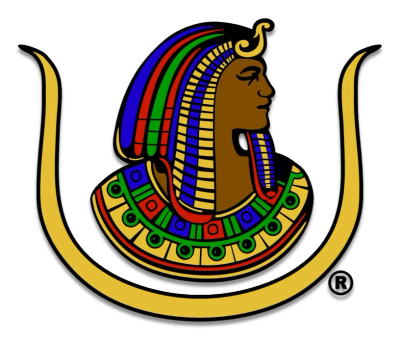Colorful Egyptian pharaoh head in gold frame.