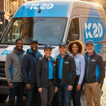 A diverse team stands together in front of a K2D branded van, smiling.