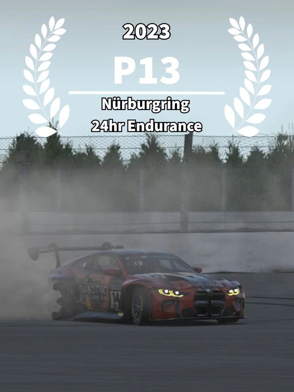 Race car finishing 13th in 2023 Nürburgring 24hr Endurance race.