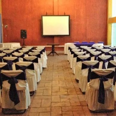 Salón con sillas y moños.