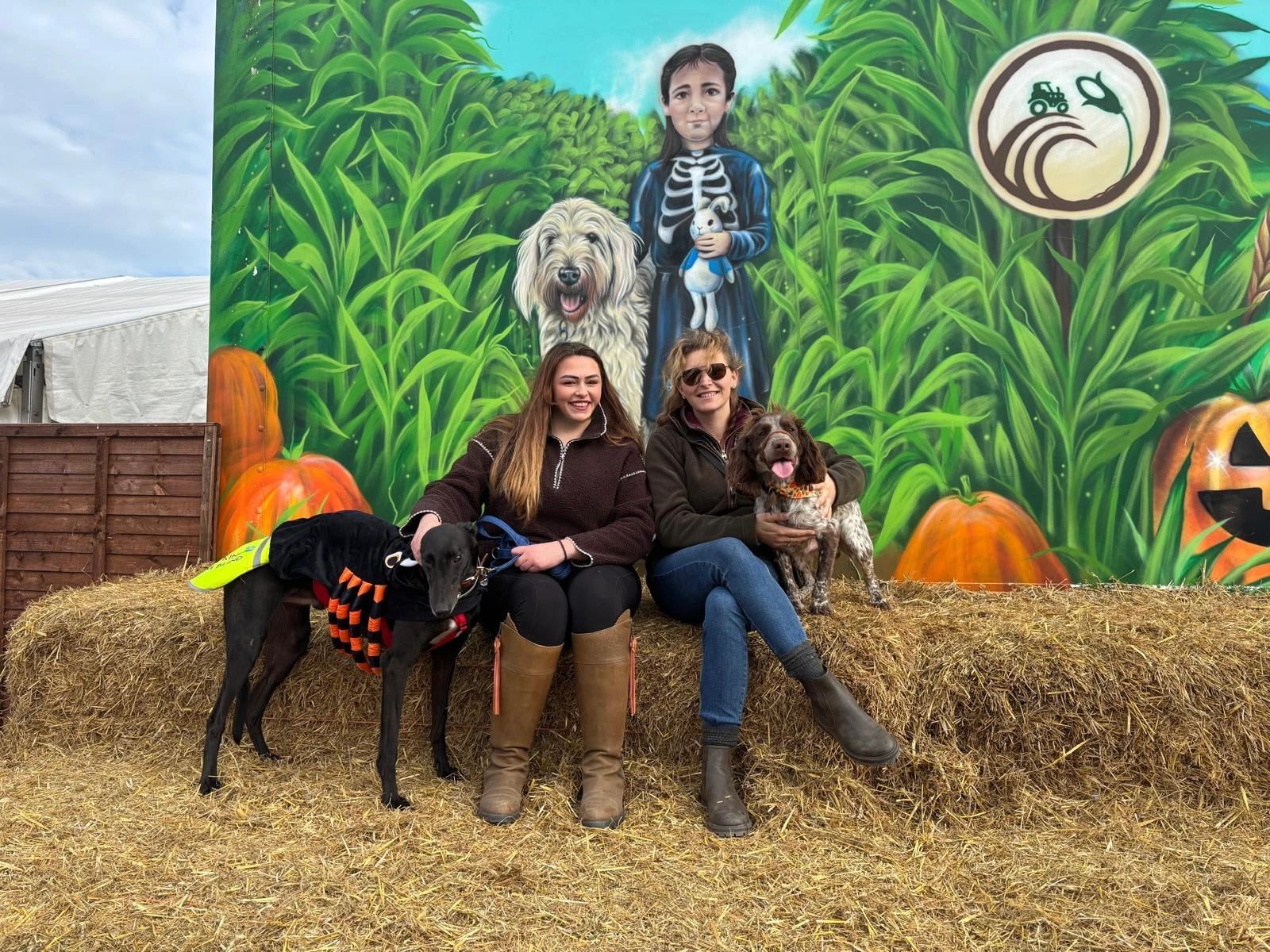 Two women with their dogs sit on hay bales in front of a colorful Halloween mural.