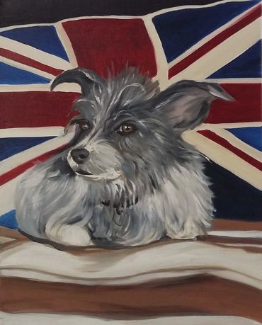 Artwork showing a dog sitting next to a flag