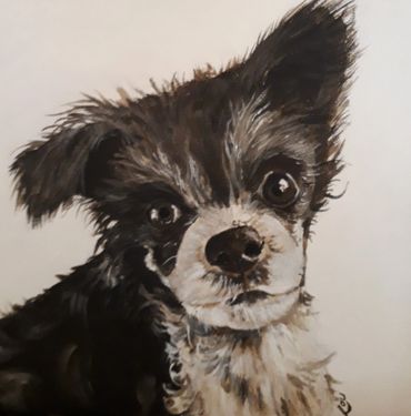 a painting of a black and white dog