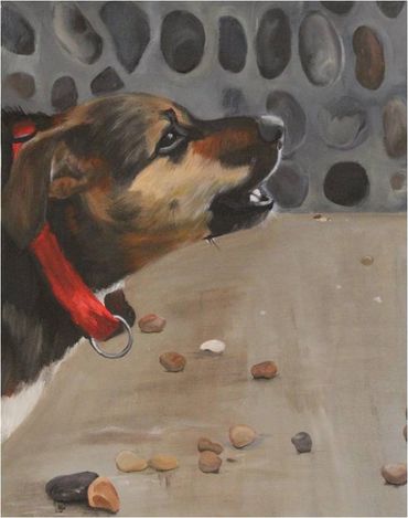 Artwork showing a dog with a red collar barking