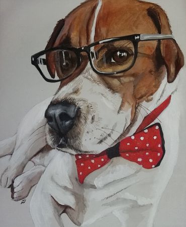a painting of a brown and white dog with glasses