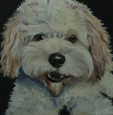 Artwork showing a white furry dog