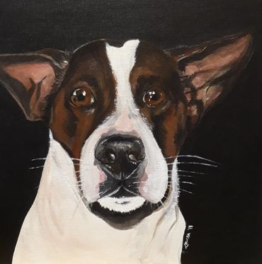 a painting of a white and brown dog