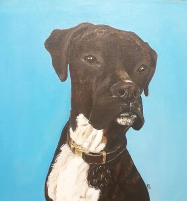 a painting of a black and white dog