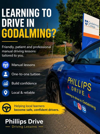 Phillips Drive blue learner car promoting manual driving lessons in Godalming