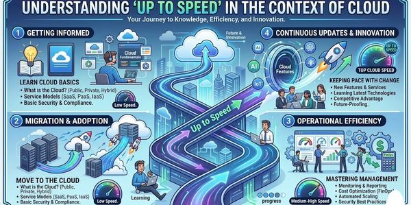 Infographic explaining the journey to cloud knowledge, efficiency, and innovation with four key stages.