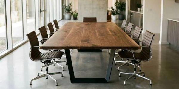 Modern conference room with wooden table and swivel chairs.