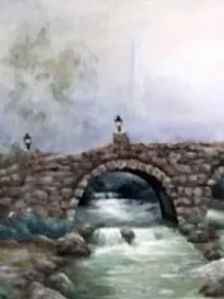 Stone bridge over a flowing river with misty background.