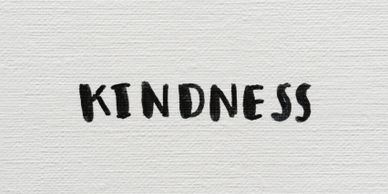 The word 'KINDNESS' written in bold black letters on a white canvas.
