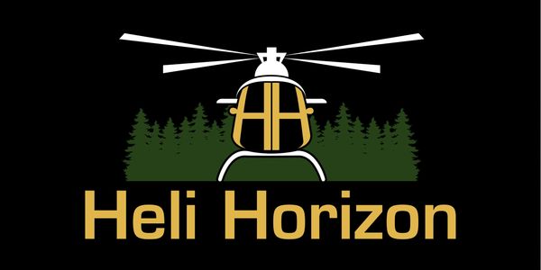 Logo of Heli Horizon with a helicopter and forest.