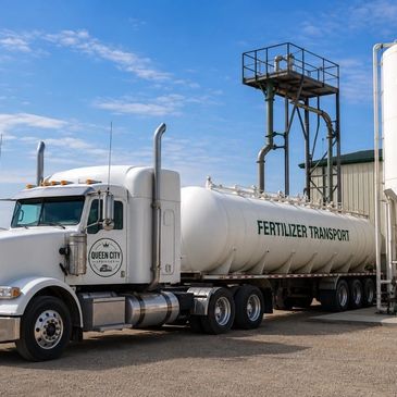 White tanker truck labeled "Fertilizer Transport" parked near a loading facility.