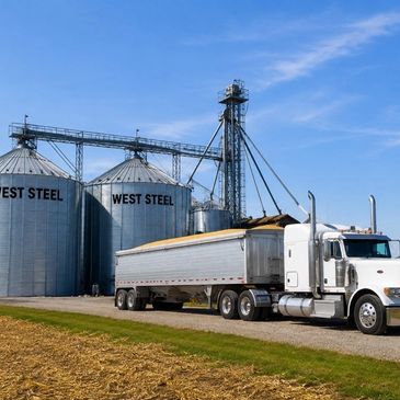 White semi-truck parked by large West Steel grain silos on a clear day.