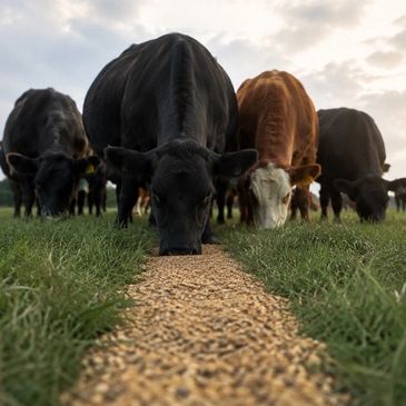 Cows eating feed lined up on a farm field at sunset.