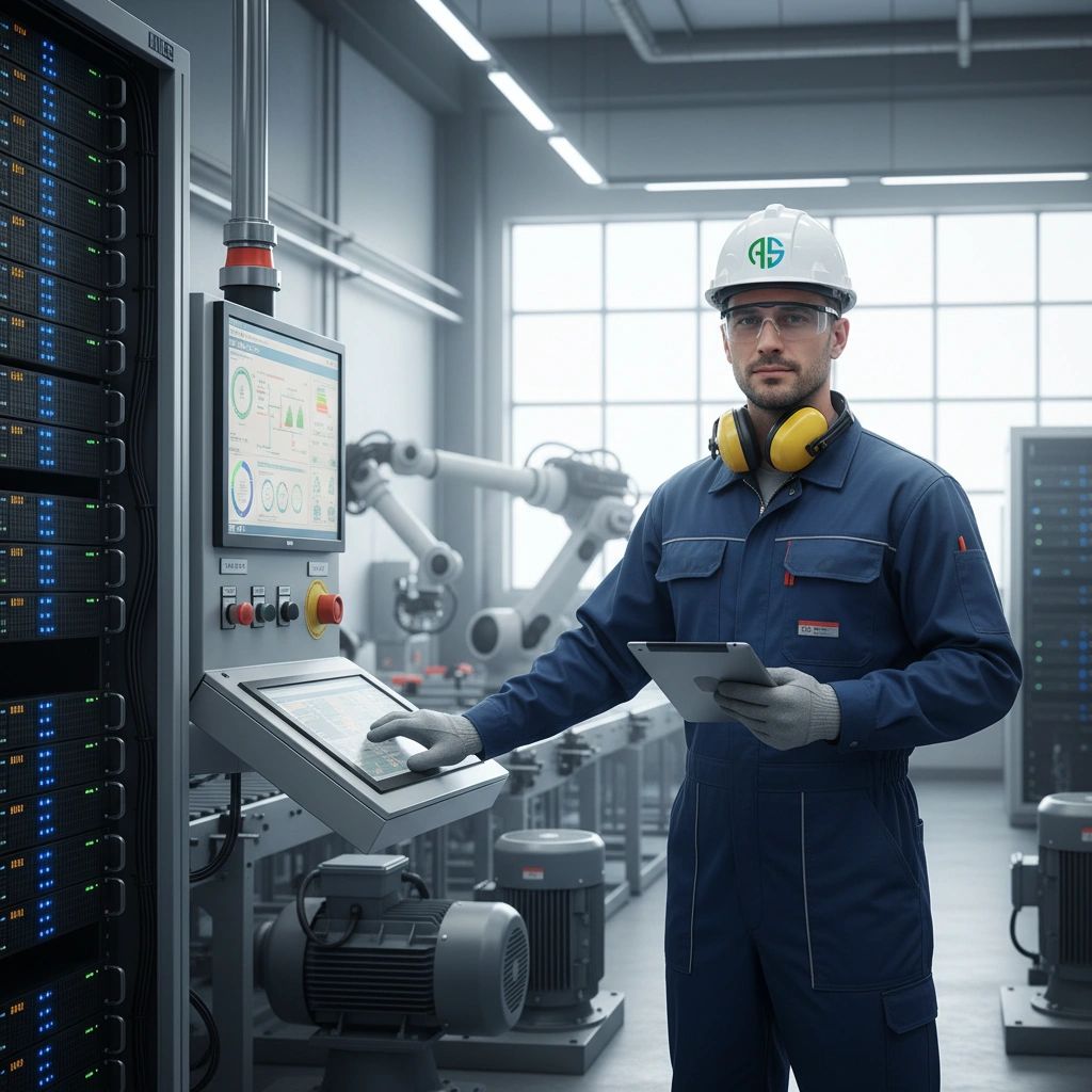 Engineer operating industrial machinery with digital controls in a high-tech factory.