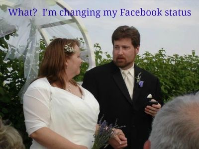 Bride and groom at wedding with humorous Facebook status caption.