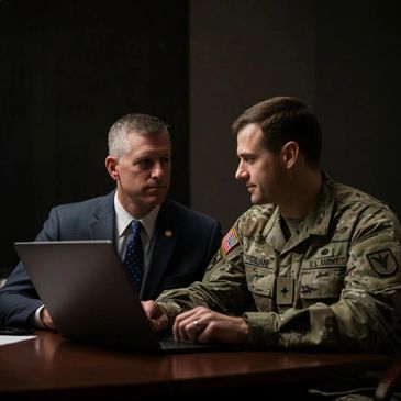 A military officer and a suited man discussing over a laptop.