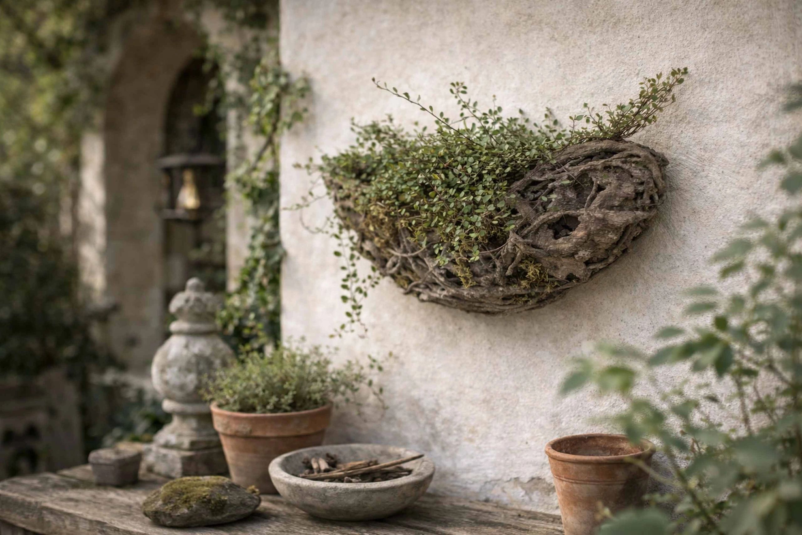Rustic outdoor setting with potted plants and a woven wall planter.
