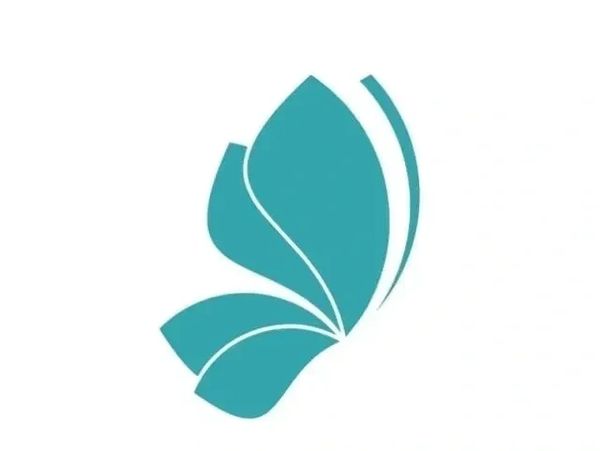 Minimalist teal butterfly wing logo on white background.