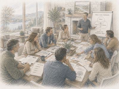 A group meeting in a cozy room with a presenter explaining a diagram.