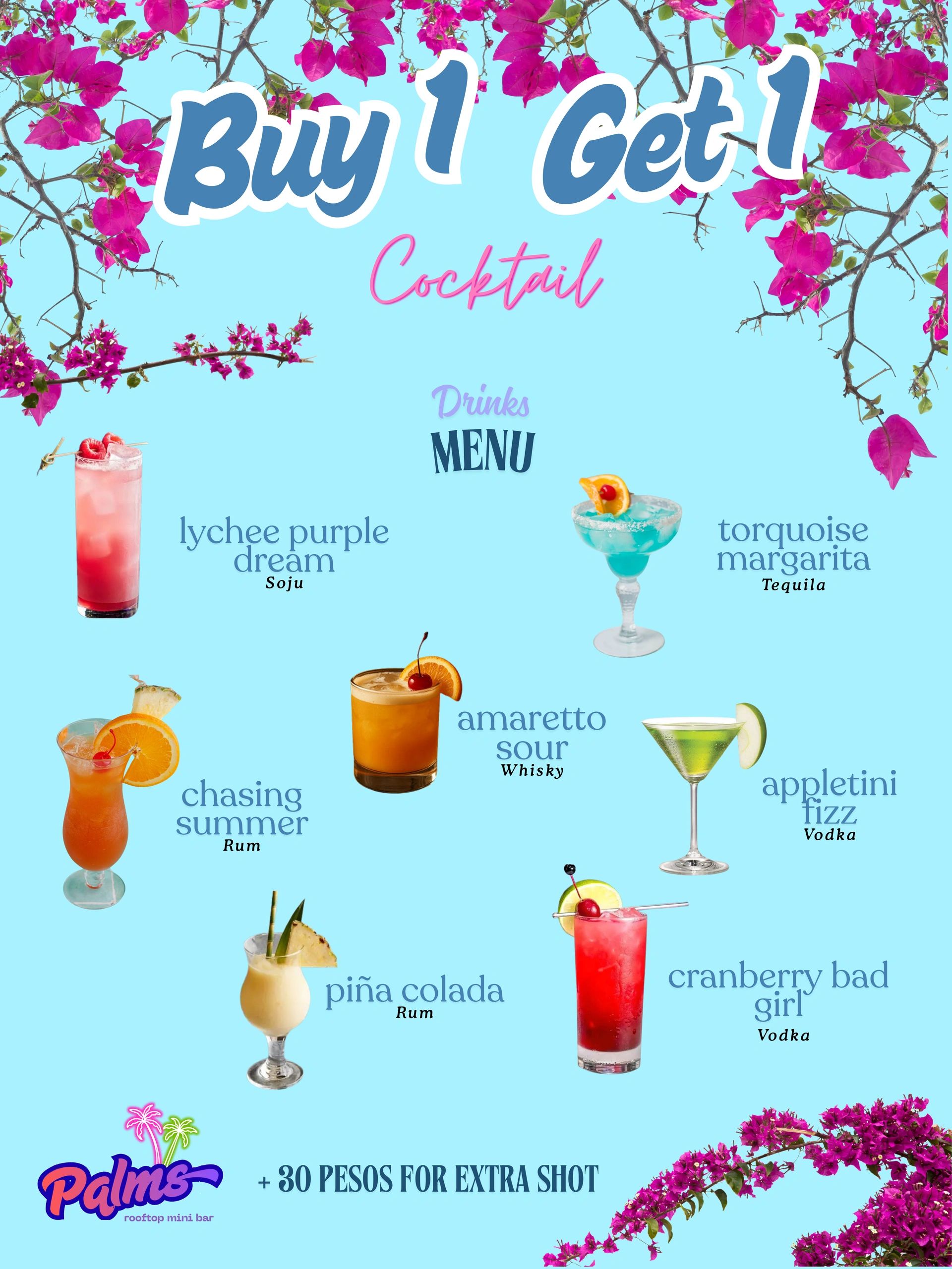 Colorful cocktail menu with buy 1 get 1 offer and floral decoration.