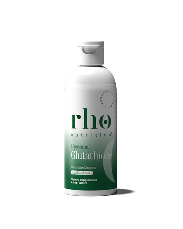 Bottle of Rho Nutrition Liposomal Glutathione dietary supplement.