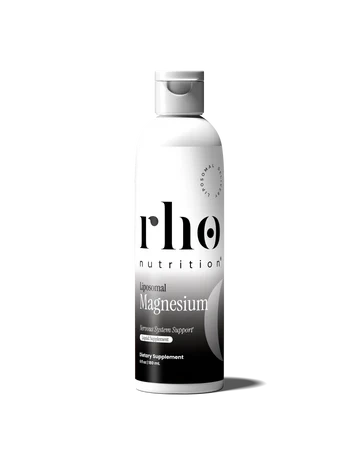 Bottle of Rho Nutrition Liposomal Magnesium dietary supplement on black background.