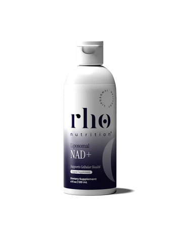 Bottle of Rho Nutrition Liposomal NAD+ supplement for cellular health.