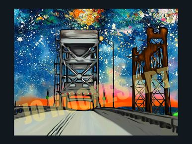 Artistic depiction of a bridge under a starry, colorful sky at sunset.