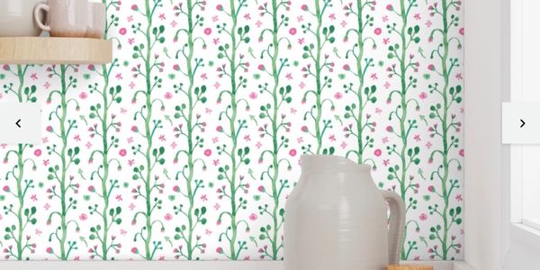 Floral patterned wallpaper with green vines and pink flowers behind kitchen items.