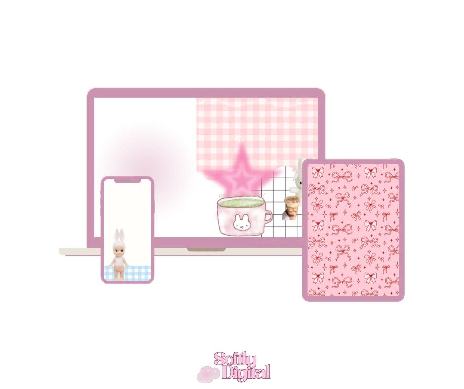 Pink-themed digital devices with cute bunny and bow designs.