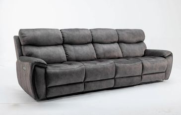 Modern gray reclining sofa with plush cushions and armrests.