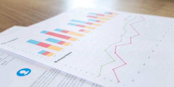 Gráficos de barras e linhas em relatórios de negócios.