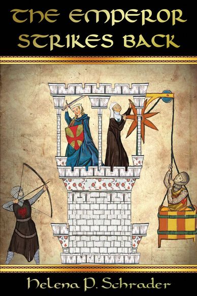 Medieval knights and a lady on a castle tower with a crossbow and a pulley basket.