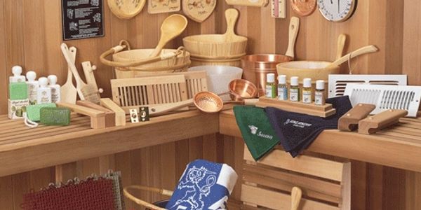 Sauna accessories, including buckets, ladles, back rests, sauna vents and more.
