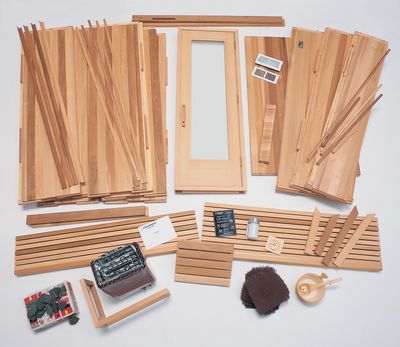Materials for Modular Sauna Package, including sauna heater and door.