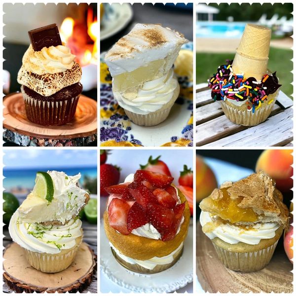 Six gourmet cupcakes topped with unique desserts like pie slices and ice cream cones.