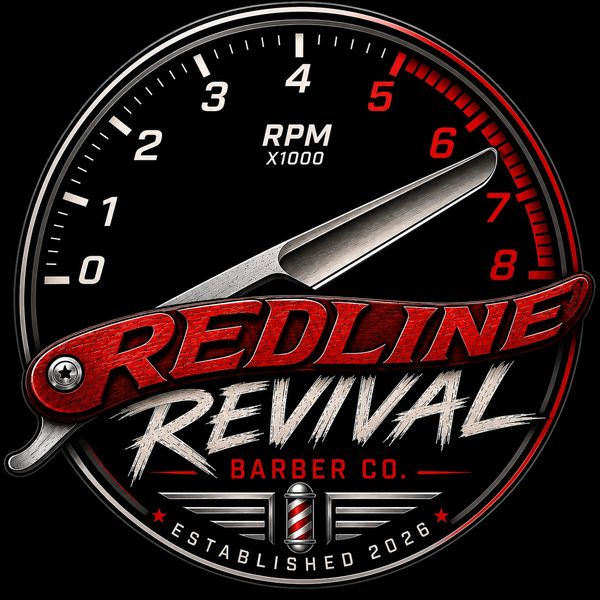 Logo of Redline Revival Barber Co. with a tachometer design.