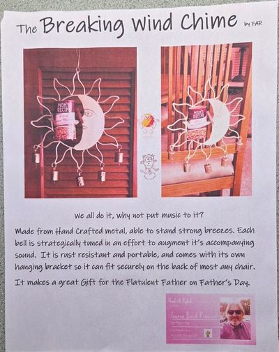 A humorous wind chime designed to amplify flatulence sounds as a Father's Day gift.