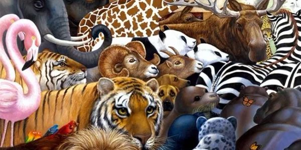 A colorful collage of various wild animals.