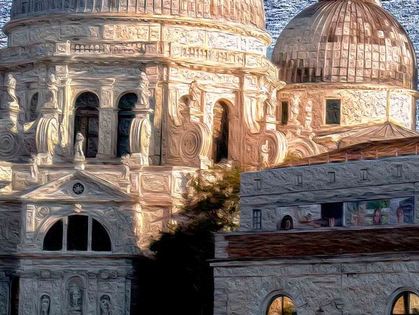 Detailed architectural domes and stone buildings under soft lighting.